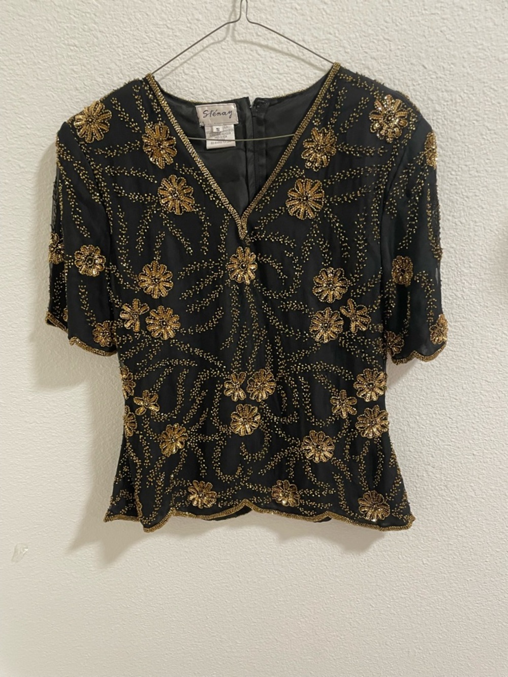 Vintage Silk Stenay Black Top with Gold Beaded Floral Embroidery